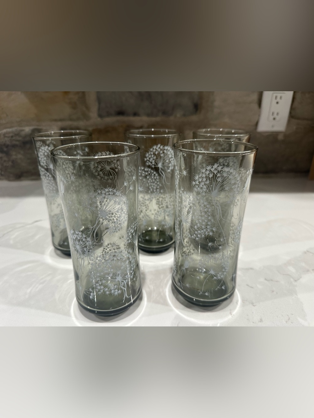 Libby Dandelion Seeds Tumbler Drinking Glasse 1960s Smoke Gray vintage Set Of 5